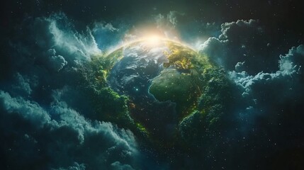 Obraz premium A stunning view of Earth from space with sun shining behind and surrounded by clouds