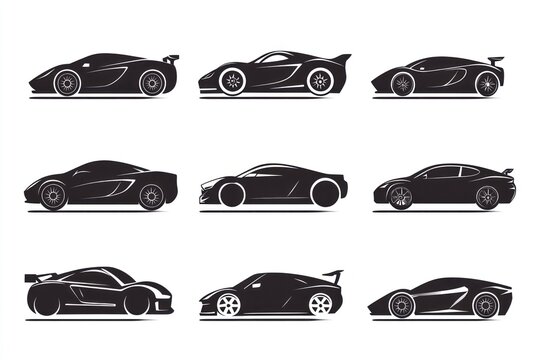 Nine sleek sports car silhouettes, side view, white background, automotive design (1)