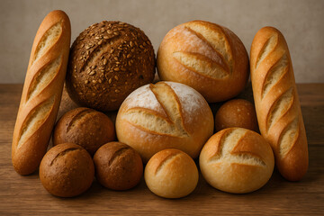 Fototapeta premium Variety of fresh bread loaves, rolls, and seed bread on wooden table
