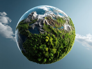 Fototapeta premium Earth globe with lush green forest, mountains, and clouds under clear sky, symbolizing nature and environmental beauty