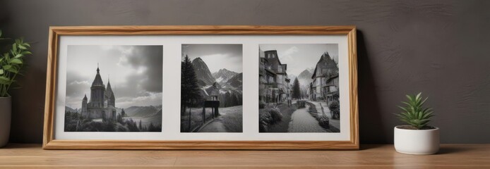 Elegant photo frame collage mockup on wooden surface  ,  texture,  holder,  assorted