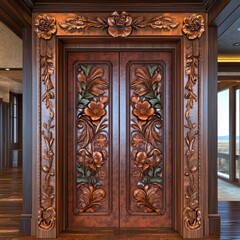 Ornate carved wooden double doors