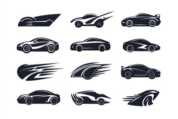 Fast car logos; speed, motion, design elements; white background; graphic design