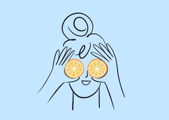 Skin care woman holding orange slices as glasses