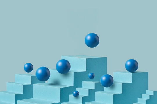 Balance blue stairs and spheres abstract geometric composition 