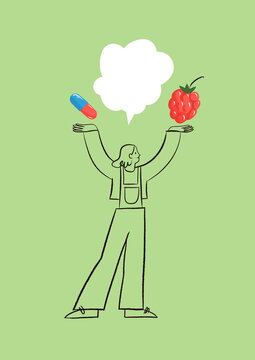 Cartoon character choosing between food and supplements