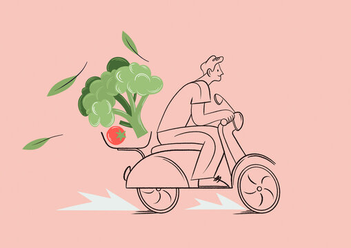 Grocery cart on scooter filled with fresh produce