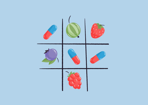Tic tac toe game with vitamins and fruits on blue