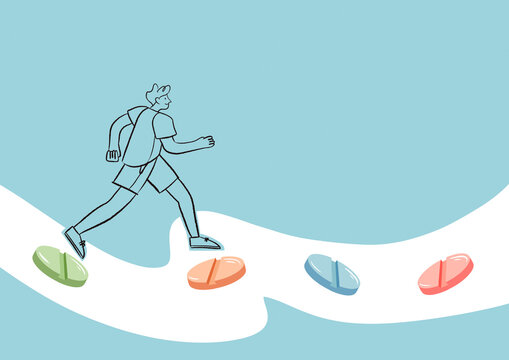 Cartoon character running through supplements