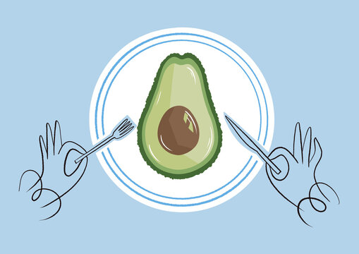 Digital illustration with avocado half on plate