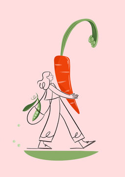 Illustration girl carrying carrot and peas inside bag