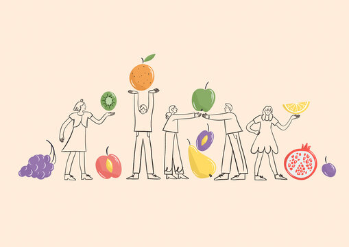Playful fruit exchange illustration