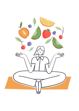 Cartoon yoga character meditating with fruits