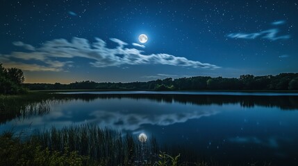 A serene nighttime landscape featuring a calm lake reflecting a bright full moon and scattered stars in a deep blue sky. Wisps of clouds drift across the moon, and lush greenery borders the water's ed