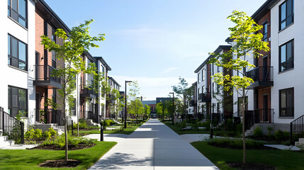 Obraz premium Modern Townhouses with Pathway and Lush Green Landscaping