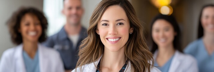 Diverse medical professionals smiling in a hospital setting; teamwork and healthcare