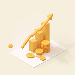 Coin stacks with rising arrow lines showing financial growth and investment success.