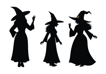 3 witches silhouette. This image shows three witches in silhouette form, each wearing a pointed hat and long dress, also known as sorceresses or enchantresses. Vector clipart illustration design.