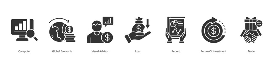 Global Analysis icon sheet computer, global economic, visual advisor, loss, report, return of investment, trade