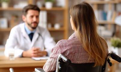 Doctor consulting with patient in wheelchair in medical office