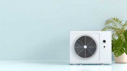 A stunning image of air heat pump on white background. Modern, environmentally friendly heating. Air source heat pumps are efficient and renewable source of energy. Banner with.