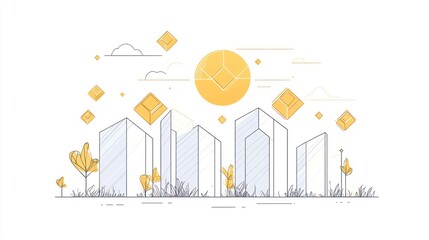 Minimalist cityscape illustration with sun, geometric shapes and trees.