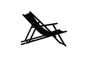 Beach chair silhouette. This image shows a black silhouette of a foldable beach chair, also known as a deck chair or lounge chair, used for relaxation at the beach. Vector clipart illustration design.