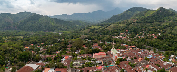 Panoramic aerial view of the town of Utica, surrounded by mountains. Colombia