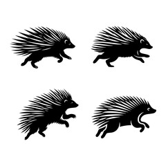 Running Porcupine Silhouette Vector Set &ndash; Spiky Rodent in Motion for Wildlife, Forest Animal, and Nature-Themed Design Projects