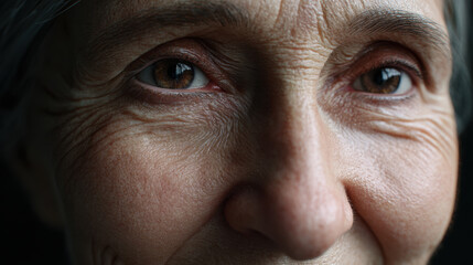 Closeup of elderly person face showing detailed wrinkles and brown eyes with calm and reflective expression, highlighting natural skin texture and aging signs