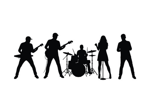Music band silhouette. This image shows a silhouette of a music band with members playing guitar, bass, drums, and a singer with a microphone. Vector clipart illustration design.
