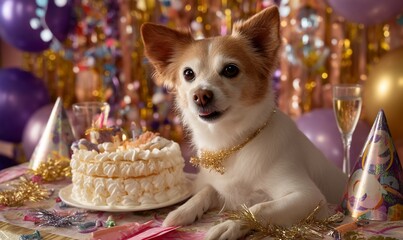 Dog celebrating birthday party with cake, festive background, possible use for pet products or birthday cards
