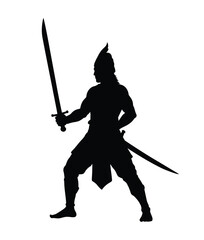 Lapu lapu silhouette. This image shows a black silhouette of a warrior holding a sword, representing the Filipino hero Lapu-Lapu, known for his bravery and resistance.  clipart illustration design.