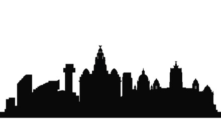Obraz premium Liverpool silhouette. This image shows the skyline of Liverpool, featuring iconic buildings and landmarks in a black silhouette against a white background. Vector clipart illustration design.