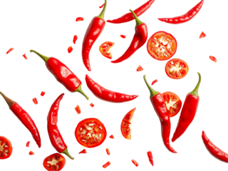 Vibrant Red Chili Peppers and Tomato Slices Falling on a transparent background