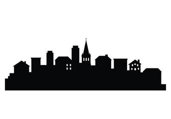 Naklejka premium Town silhouette. This image shows a town silhouette with various buildings, including houses, a church, and other structures, representing a cityscape or urban skyline. clipart illustration design.