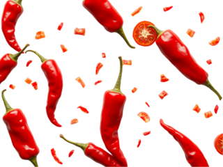 Vibrant Red Chili Peppers Falling on a transparent background with Chopped Pieces