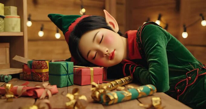 Sleepy Little Elf Girl in Santa's Workshop