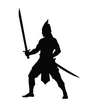 Lapu lapu silhouette. This image shows a black silhouette of a warrior holding a sword, representing the Filipino hero Lapu-Lapu, known for his bravery and resistance.  clipart illustration design.