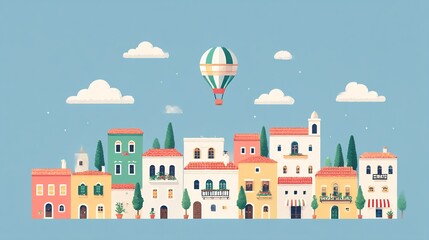 Cartoon town, hot air balloon, kids illustration, fantasy cityscape.