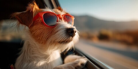 Dog in sunglasses looking out car window on road trip (1)