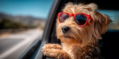 Dog wearing sunglasses looking out car window on scenic road trip