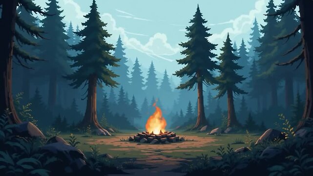 Serene forest scene with campfire illustration for children or nature articles
