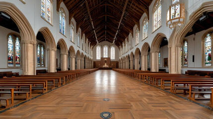 Fototapeta premium Grand Empty Church Interior With Wooden Floor And Stained Glass Windows