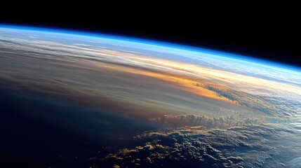 A breathtaking aerial view of Earth from space, showcasing the curvature of the planet and the vibrant colors of the atmosphere. The image captures a transition from the deep blues of the planet's oce