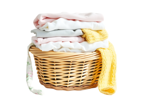 Stack of Soft Pastel Baby Clothes in a Wicker Laundry Basket on a transparent background