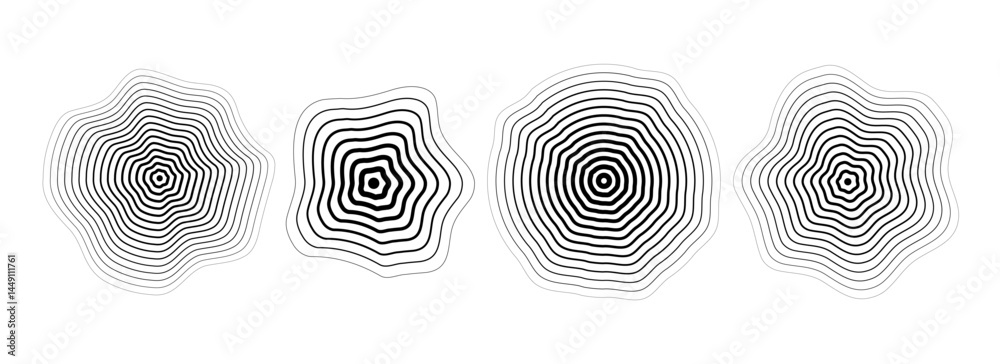 Poster Black concentric ripped circle set. Dotted and dashed round sound wave collection. Epicenter, target, radar, sonar icon concept. Vector halftone radial radio signal or vibration element pack