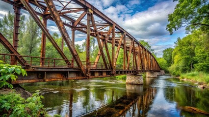 Fototapeta premium Abandoned Bridge Over the River , nature's reclaim, rusted metal