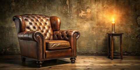 A worn, brown leather armchair with a single, flickering candle beside it, casting a warm glow on the adjacent wall , vintage detective chair, rustic decor