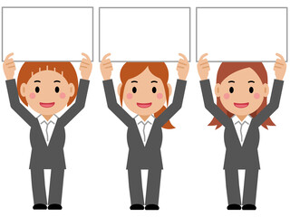 ボードを掲げるグレースーツの若い女性。その2